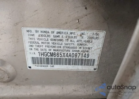 2004 Honda Accord 3.0 Ex из США, поврежденный, VIN 1HGCM665X4A097149